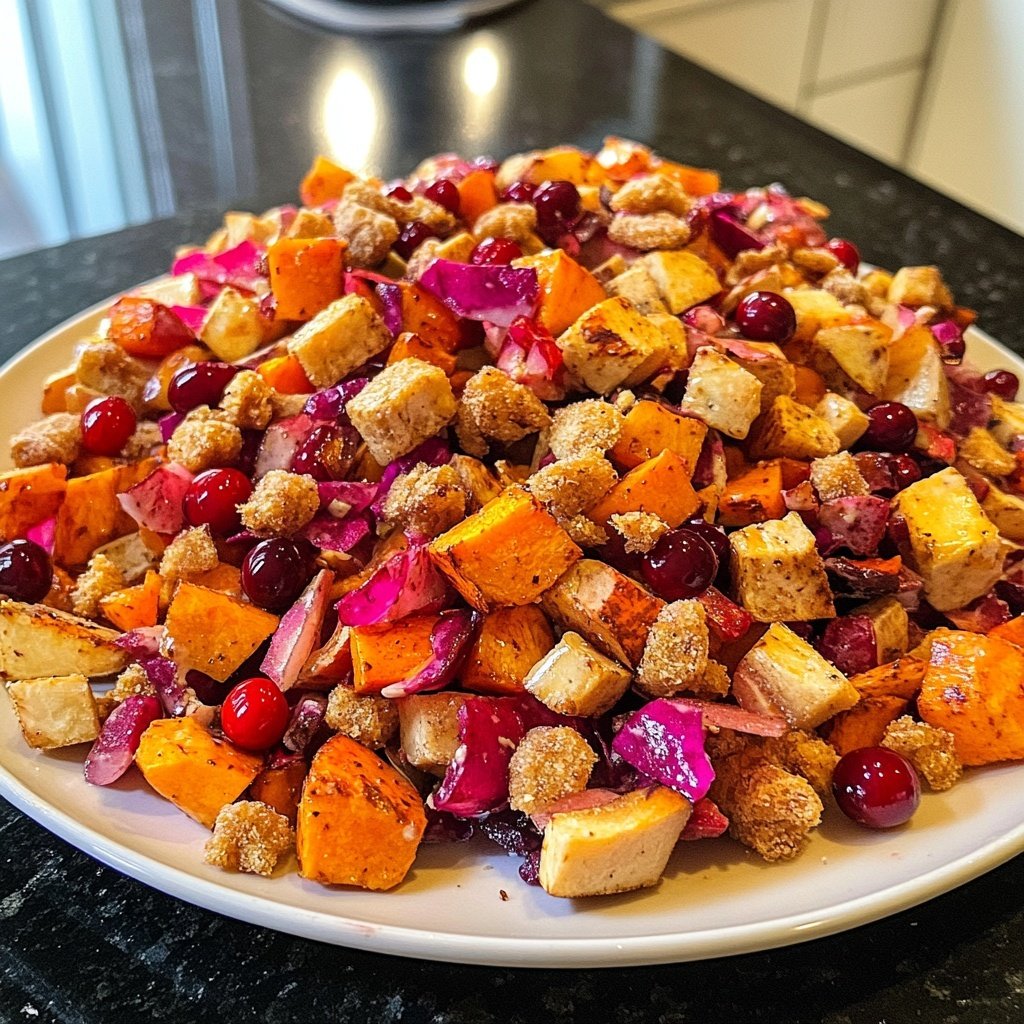 Wintersalat mit Butternutkürbis Rosenkohl Cranberries Pekannüssen und Roter Bete